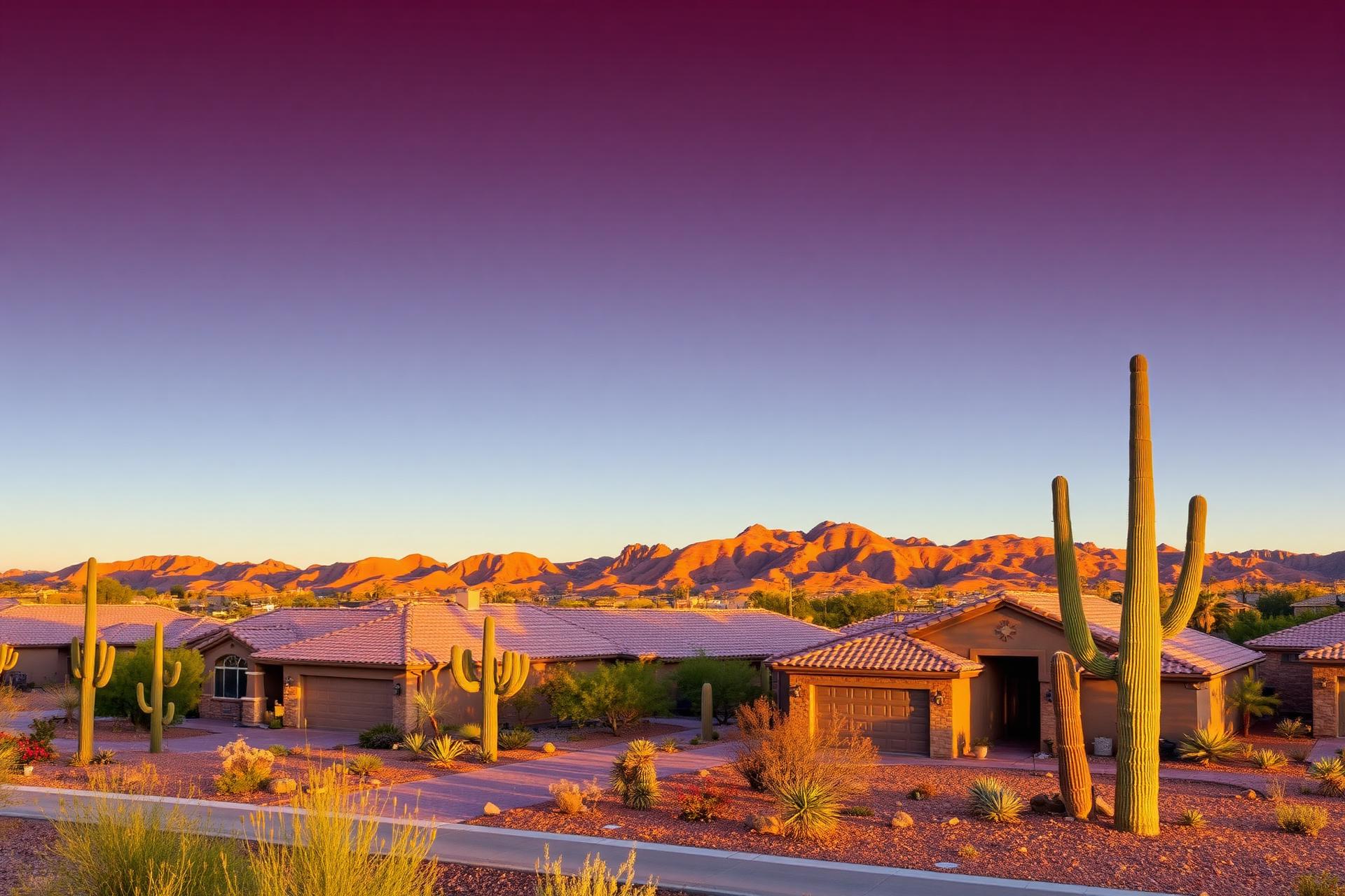 Single-story tile-roof homes in North Peoria, Arizona with Sonoran desert foothills and saguaro cacti at golden hour