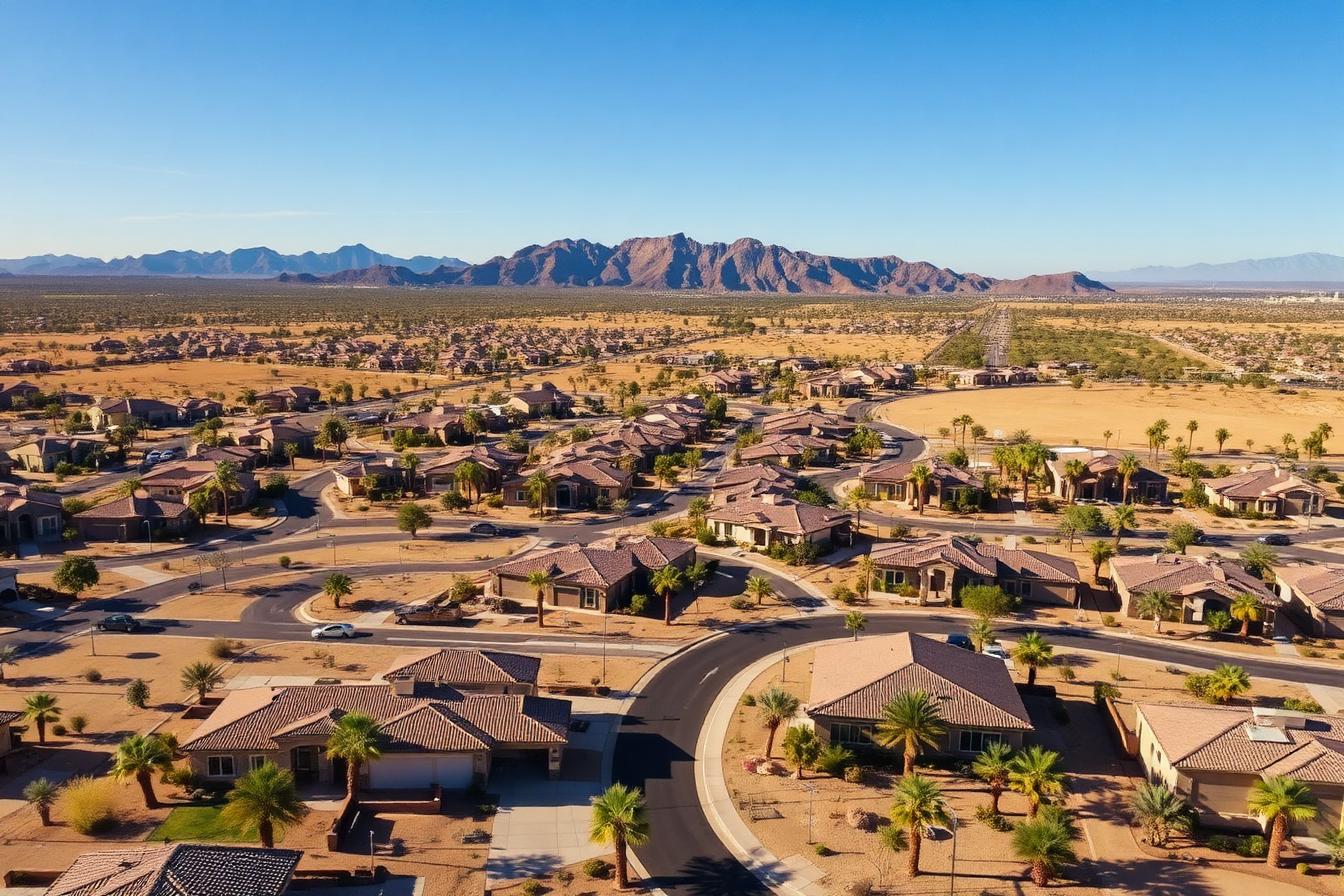 Aerial view of a master-planned community in Surprise, Arizona with desert landscaping and mountains