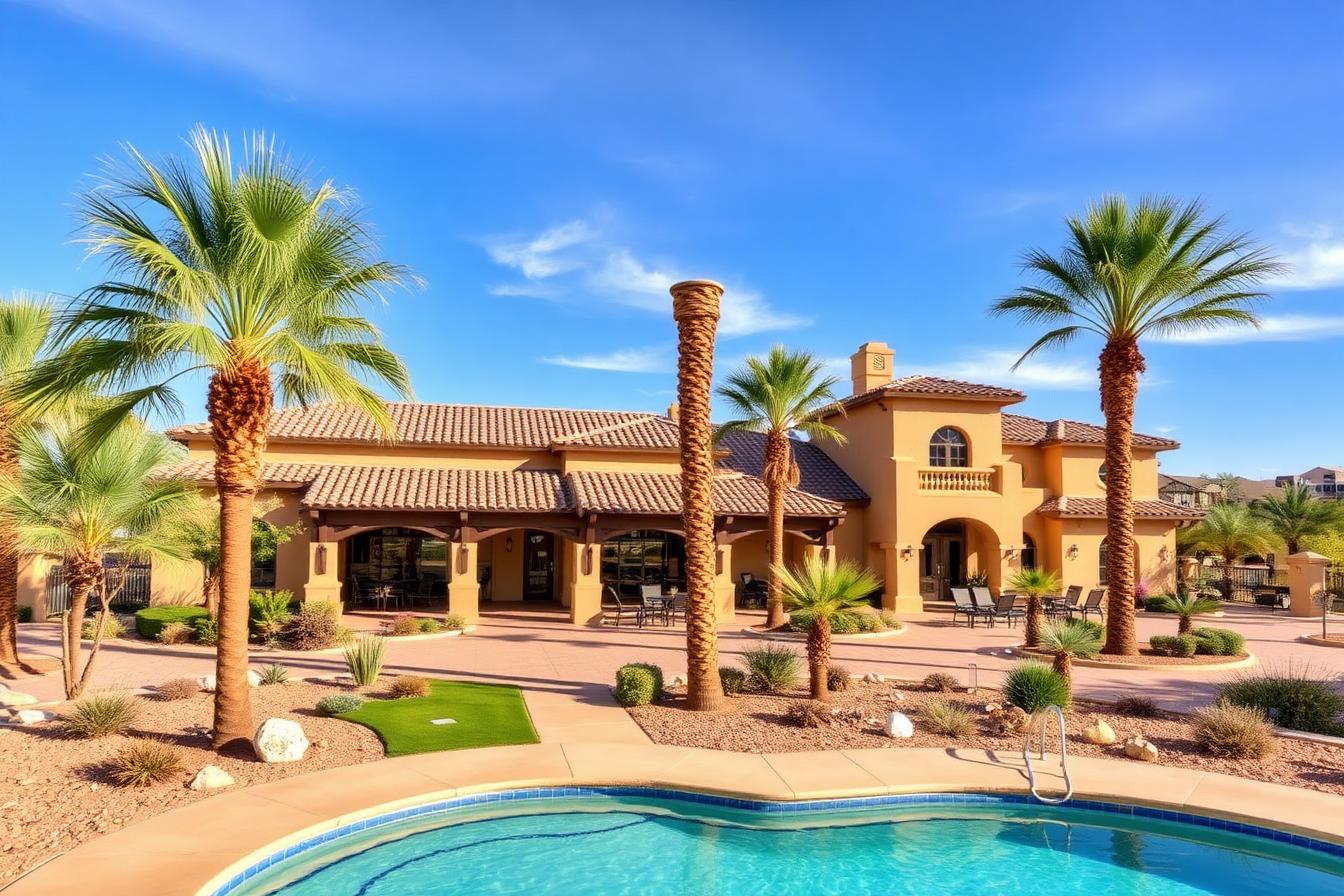 The Grand 55+ active adult community clubhouse in Surprise, Arizona with resort pool and palm trees